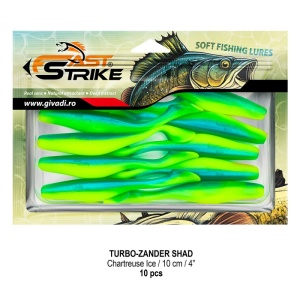 Shad de șalău Fast Strike Turbo Zander 10cm 10bucati blister rigid pentru pescuit la răpitori.