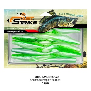 Shad de șalău Fast Strike Turbo Zander 10cm 10bucati blister rigid pentru pescuit la răpitori.