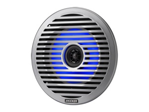 Sistem de boxe coaxiale marine low-profile Kicker KM614FL 6.5" – Pereche de difuzoare ultra-subțiri pentru ambarcațiuni, putere de vârf 130W la 4 Ohmi, iluminare LED RGB integrată și două seturi de grile incluse (albe și argintii).
