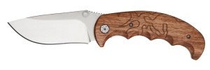 Briceag Browning Tom Skinner – Lamă de 91mm din oțel 7Cr17MoV, mâner ergonomic din lemn de măslin zébré cu logo incrustat și etui textil inclus.