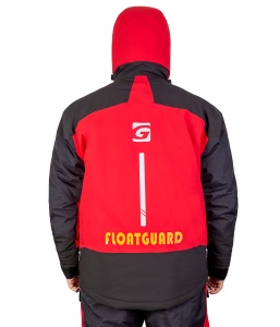 Costum tehnic de iarnă flotabil Graff FLOAT GUARD Fishing Set 215-O-B-4 Edition 4.0, de culoare grafit cu finisaje portocalii de siguranță, echipat cu membrană BRATEX de 10.000mm, umplutură din spumă flotabilă FLOAT și fermoare etanșe YKK VISLON