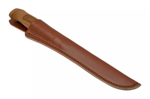 Cuțit Filetat Marttiini Superflex 15 – Lamă extra-flexibilă de 150mm din oțel inox, mâner din mesteacăn cu model laser și teacă din piele închisă la culoare.