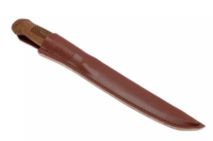 Cuțit Filetat Marttiini Superflex 19 – Lamă super-flexibilă din oțel inox de 19cm, mâner din mesteacăn tratat termic cu textură laser și teacă din piele maro.