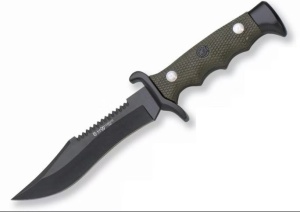 Cuțit tactic Miguel Nieto Campismo 3001 – Instrument de luptă cu lamă de 110mm din oțel AN-58, fierăstrău integrat și mâner ergonomic verde epoxi din ABS și Zamak