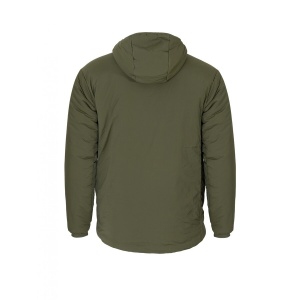 Jachetă pescuit bărbați Korda Hooded Insulated Dark Olive călduroasă cu extensie dorsală și glugă tehnică.
