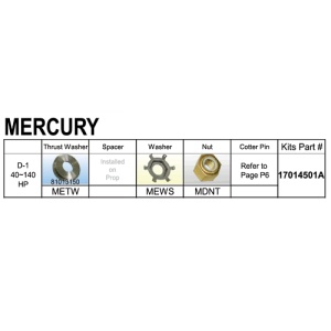 Kit montaj elice Mercury/Mariner 40-140CP – Set profesional complet pentru fixarea pe axul cu 15 caneluri, compatibil cu o gamă largă de modele fabricate între 1977 și 2026.