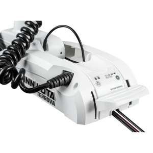 Motor electric alb premium de proovă Minn Kota Riptide Terrova® 55lb 12V cu lungimea axului extinsă la 152cm, echipat cu mecanism de asistență Lift-Assist, telecomandă wireless premium cu ecran LCD și sistem Advanced GPS, alimentat optim de o baterie Liti