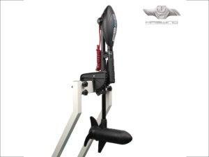 Motor electric Haswing Osapian 40 lbs – vedere laterală, manetă telescopică și montaj pe oglinda bărcii