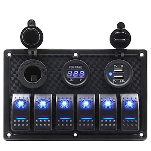 Panou Electric Aluminiu 12V/24V 6 Intrerupatoare Electron EVAL IP68 Voltmetru USB Priza
