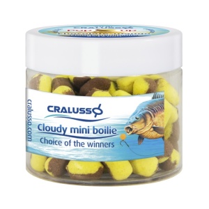 Pop-Up Cralusso Cloudy Mini Boilie bicolor cu aromă intensă de ciocolată și mango, flotant și cu efect de nor aromatic, ideal pentru feeder și pescuit la crap.