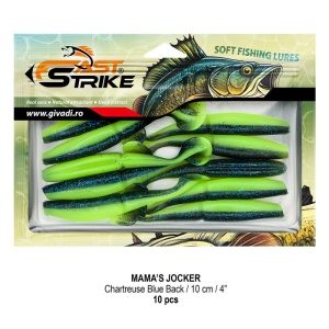 Shad Fast Strike Mama's Jocker 10cm cu corp segmentat și silicon impregnat cu aromă.