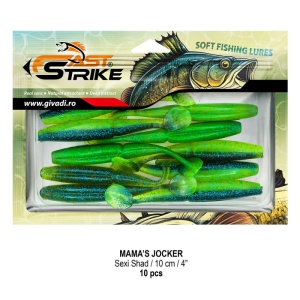 Shad Fast Strike Mama's Jocker 10cm cu corp segmentat și silicon impregnat cu aromă.