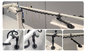 Suport stabilizator telescopic EVAL 04300 pentru motor electric de trolling – Braț ajustabil din aluminiu anodizat (290-365mm) cu dublă articulație pe bilă la 360° și guler universal pentru ax de 40mm.