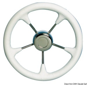 Volan tip timonă universală Savoretti Armando de 350mm cu 5 spițe din inox – Echipament marin original fabricat în Italia, coroană de diametru mare îmbrăcată în poliuretan premium cu butuc universal integrat.