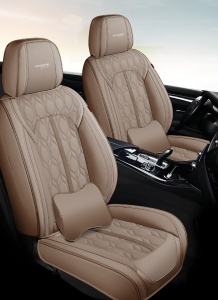 Huse auto premium 5 locuri Carguard Deluxe piele ecologică perforată - maro deschis - crem - Img 2