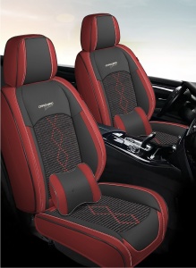 Huse auto premium 5 locuri Carguard Deluxe piele ecologică perforată și textil - roșu închis - negru - Img 2