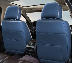Huse auto premium 5 locuri Carguard Deluxe piele ecologică perforată și textil - albastru - alb - Img 4