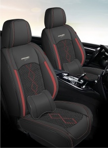 Huse auto premium 5 locuri Carguard Deluxe piele ecologică perforată și textil - negru - rosu închis - Img 2