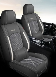 Huse auto premium 5 locuri Carguard Deluxe piele ecologică perforată și textil - negru - alb - Img 2