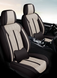 Huse auto premium 5 locuri Carguard Deluxe piele ecologică perforată - negru - crem - Img 3