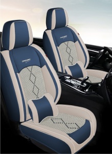 Huse auto premium 5 locuri Carguard Deluxe piele ecologică perforată și textil - albastru - alb - Img 3