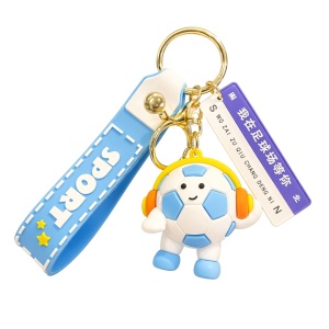 Breloc Chei, Flippy, Model Minge de Fotbal cu Casti, Mesaj Te aștept pe terenul de fotbal, Cupa Mondiala, Accesoriu Pentru Chei si Rucsac, Material Acril, 50 g, Albastru Deschis