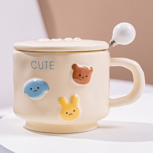 Cana ceramica, Flippy, din Portelan, print Figurine Animalute, Cana penru Copii, Model CUTE, Cana cu Lingura si Capac, Ceasca pentru Cafea, Ceai, 400ml Galben