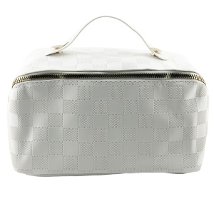 Geanta de Calatorie Flippy, Pentru Cosmetice, Portabila, Impermeabila, din Piele Ecologica, Compartimente Multiple, cu Fermoar, 22 x 13 x 12.5 cm, In Carouri, Alb