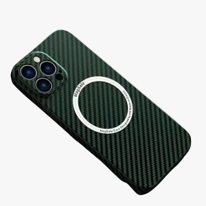 Husa de protectie pentru iPhone 14 Plus, Flippy, Magnetica, MagSafe, Carbon Fiber Protectie Antisoc, Verde