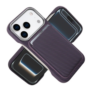 Husa MagSafe pentru iPhone 17 Pro, Flippy, Suport Card Detasabil, Carcasa pentru Telefon, Textura Fibra de Carbon, Business Style, Mov