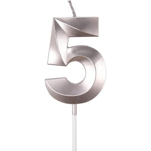 Lumanare Cifra 5, Flippy, Model Diamond, 5 x 3.4 cm, Argintiu
