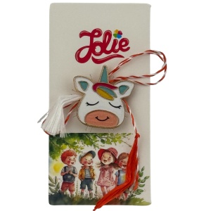Martisor pentru copii, Jolie, Material Metal, Ambalaj Carton cu Design, Dimensiune Brosa Aproximativ 2x2 cm, Multicolor, Model Unicorn