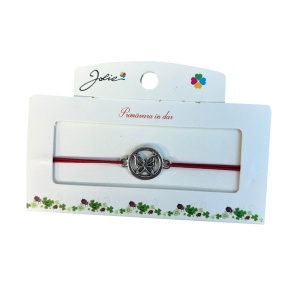 Martisor tip Bratara cu Pandantiv Metalic, Jolie, Snur Textil Rosu, Model Fluture Cerc, Dimensiune Reglabila, Nod Dublu, Ambalata Individual