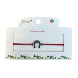 Martisor tip Bratara cu Pandantiv Metalic, Jolie, Snur Textil Rosu, Model Potcoava Flori, Dimensiune Reglabila, Nod Dublu, Ambalata Individual