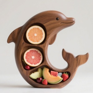 Platou pentru Servire, Flippy, in Forma de Delfin, 3 Compartimente pentru Mezeluri, Branzeturi, Snacksuri, Fructe, Design Artistic, din Lemn Masiv, 26 x 25 x 4 cm, Maro Natur - Img 2