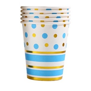 Set 10 Pahare, Flippy, Imprimeu cu Buline si Dungi, din Carton, 250 ml, 7.5 x 8.5 x 5.2 cm, Albastru/Auriu