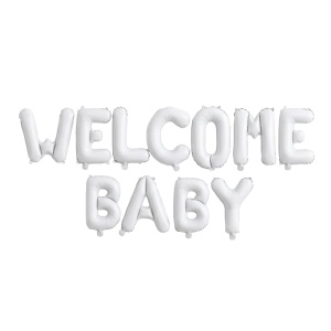 Set Baloane din Folie Metalizata, Flippy, Figurine Litere, Model Welcome Baby, Tema Aniversare, 40 cm, Ambalaj Individual, Pai inclus, Umflare cu Aer sau Heliu, Alb