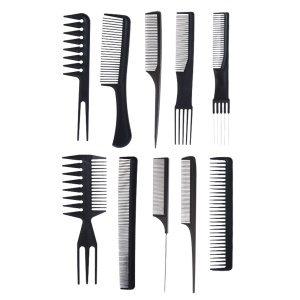 Set piepteni profesionali pentru coafat, Flippy, 10 bucati, PP + Otel inoxidabil, 18,5–22 cm, Rezistenti la caldura, Negru