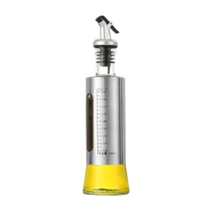 Sticla de ulei, Flippy, Sticla de Ulei din Otel Inoxidabil, Sticla pentru Lichide de Bucatarie, Sticla pentru Lichide de Gatit, 24.8 x 6.5 cm, volum 300 ml, Gri Transparent