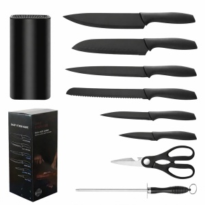 Cutite Bucatarie, Set 9 Piese, Flippy, Otel Inoxidabil cu Acoperire Antiaderenta, Suport Depozitare Inclus, 6 Cutite, Tija Ascutire si Foarfeca Bucatarie, 31 x 10 x 10 cm, Negru