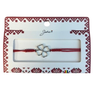 Martisor tip Bratara cu Pandantiv Metalic, Jolie, cu Snur Textil Rosu Impletit, Model Trifoi cu Patru Foi, Dimensiune Reglabila, Ambalata Individual
