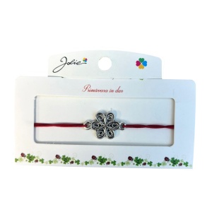 Martisor tip Bratara cu Pandantiv Metalic, Jolie, Snur Textil Rosu, Model Floare, Dimensiune Reglabila, Nod Dublu, Ambalata Individual