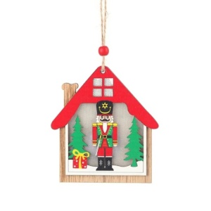 Ornament de Brad, Flippy, cu Lumini LED, din Lemn, Figurina Spargatorul de Nuci, Model Casuta, Multicolor