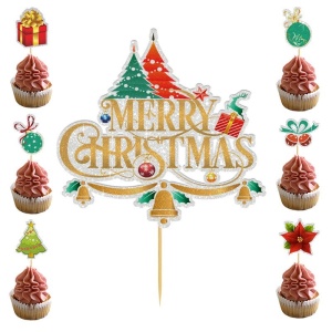 Set Toppere pentru Tort si Prajituri, Flippy, Tematica Craciun, Model Mare Scris Merry Christmas 15.5x14.3 cm, 6 Toppere Mici Modele Variate 5x5 cm, Multicolor