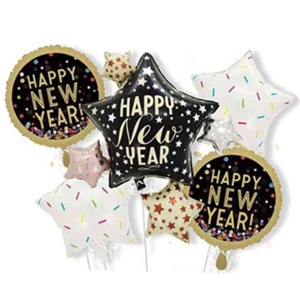 Baloane pentru aniversare, Flippy, tematica Happy New Year, set 9 baloane, 1 Stea Mare 83 x 90 cm, 6 stele, 2 rotunde, din folie de aluminiu, pai de carton inclus, Negru