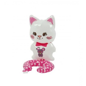 Balon din Folie Metalizata, Flippy, Figurine Animalute, Tip Bratara, Model Pisica, 13 x 35 cm, Ambalaj Individual, Pai Inclus, Umflare cu Aer sau Heliu, Alb