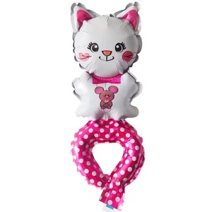 Balon din Folie Metalizata, Flippy, Figurine Animalute, Tip Bratara, Model Pisica, Ambalaj Individual, Pai Inclus, Umflare cu Aer sau Heliu, Alb