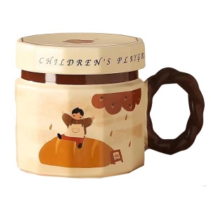 Cana din ceramica, Flippy, Cana pentru Cafea, Ceai, Cana Universala, Unisex, Cana cu Capac, 9 x 8 x 8 cm, 400 ml, Model Baietel Bej