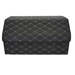 Cutie de Depozitare Auto, Flippy, Organizator Premium Portbagaj, Geanta Multifunctionala, Piele Ecologica, Pliabil si Rezistent la Uzura, 2 Compartimente Depozitare, Pliabil si Rezistent la Uzura, Negru/Alb, 55 x 30 x 30cm