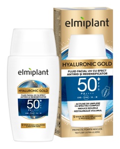 Fluid Facial, Elmiplant, Hyaluronic Gold UV cu Efect Antirid si Redensificator, SPF 50+, 50 ml